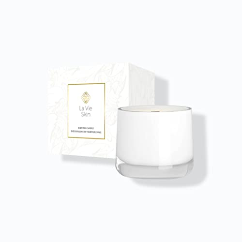 La Vie Skin - Duftkerze I Patchouli mit Pflanzenwachs I Natürliche Ätherische Öle I Holzdocht I Massagekerze I Spendet der Haut Feuchtigkeit I 30 Stunden Brenndauer I 100% Rapswachs
