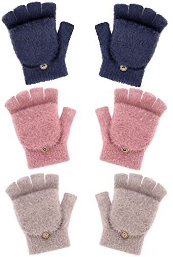 Geyoga 3 Pack Fingerlose Handschuhe Winter Thermohandschuhe Flip Warme Wandelbare Fäustlinge für Frauen(Blaugrün, Khaki, Rot,5–10 Jahre)