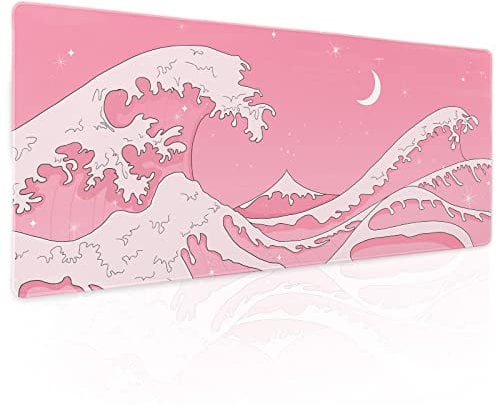 Pink Japanese Anime Gaming Mouse Pad XL Cute Kawaii Aesthetic Wave Extended Big Large Desk Mat Non-Slip Rubber Base Stitched Edge Long Keyboard Mousepad for PC Computer Laptop,31.5×11.8 in