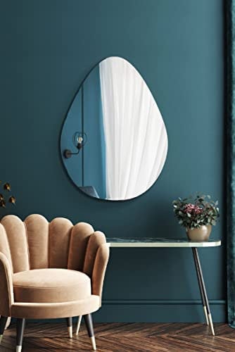 MirrorOutlet The Lapillus - Frameless Modern Pebble Pond Wall Mirror 30 X 20 (76CM X 50CM) Silver Mirror Glass with Black wooden Backing - Polished Edging