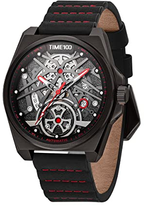 TIME100 Reloj de Pulsera Mecánico Automático Suizo para Hombre Acero Inoxidable Cristal de Zafiro Espejo Correa de Cuero Genuino Resistente al Agua（Rojo Negro ）
