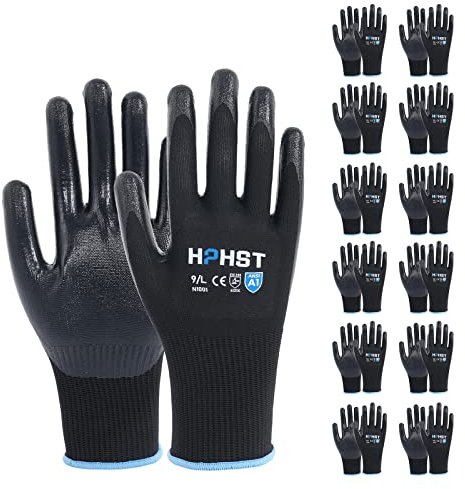 HPHST Handschuhe Arbeitshandschuhe, 12 Paar Arbeitshandschuhe Herren Damen mit Nitril-Beschichtung Gartenhandschuhe Touchscreen Arbeit Handschuhe Schutzhandschuhe für Montagearbeit (Schwarz, Small)