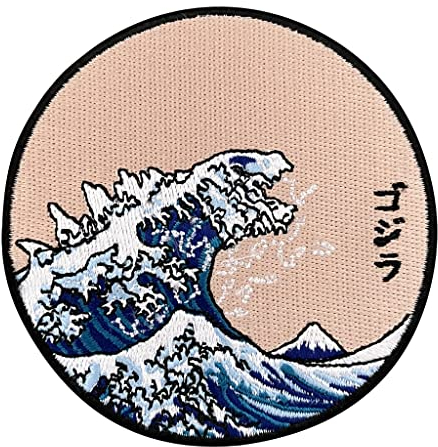 Urbanski Patch Monster and the Great Wave of Kanagawa (rund) zum Aufbügeln 8,5 x 8,5 cm | Aufnäher Applikation Bügelbild