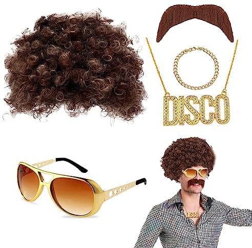 VIKSAUN Hippie Kostüm Set Hippie Accessoires, Afro Perücke, Hippie Perücke Herren, 70er 80er Jahre Perücke Disco Hippie Kostüm Set, für 50s 60s 70s Cosplay Halloween Kostüm Thema Party (5 Pcs)