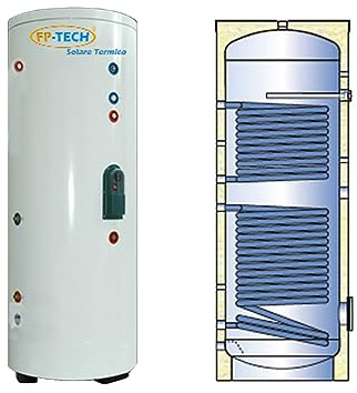 FP-TECH - BOILER PUFFER ACCUMULO ACQUA CALDA DOPPIA SERPENTINA DA 250 O 500 LITRI PER SOLARE TERMICO CIRCOLAZIONE FORZATA (500 Litri Doppia Serpentina)