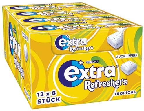 Extra Refreshers Kaugummi zuckerfrei, Tropical Gum, 12 x 8 Dragees, Großpackung Chewing Gum, Xylitol Kaugummi ohne Zucker (96 Dragees)