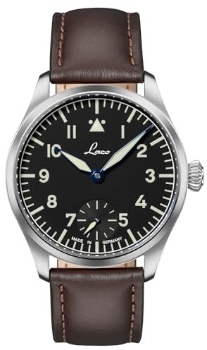 Laco Fliegeruhr ULM/Würzburg Handaufzugswerk, Edelstahlgehäuse, Saphirglas, Lederarmband, Dornschließe, Made in Germany