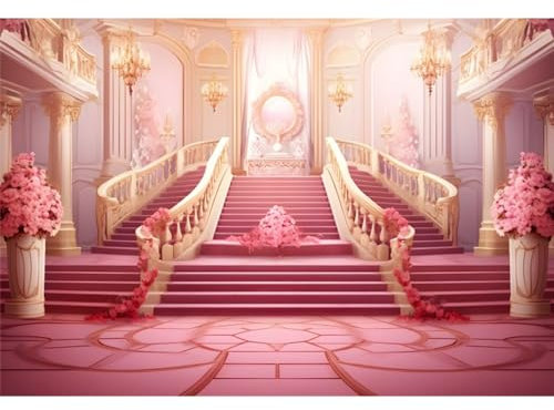 SDOTPMT 4,5x3m Luxuriöse Halle Hintergrund Rosa Wandplatte Kronleuchter Blumen Prinzessin Königin Traumthema Hintergrund für Mädchen Geburtstag Hochzeit Fotoshooting Porträt Foto Requisiten