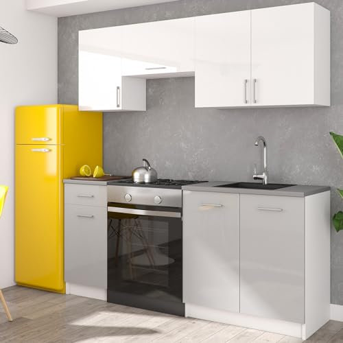 roe furniture Küchenzeile ohne Elektrogeräte - Modern Einbauküche 180 cm - Küche Komplett Leco - Küchenblock - Geräumige Singleküche - Küchenmöbel Komplett Grau & Weiß & Weiße Arbeitsplatte