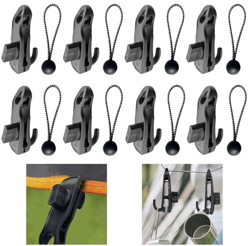Tarp Clips Heavy Duty Lock Grip 8 Pcs,Tarp Clips Clamps with 8 Tent Bungees Cords with Balls Camping Accsssories Tarpaulin Clips Tent Clips