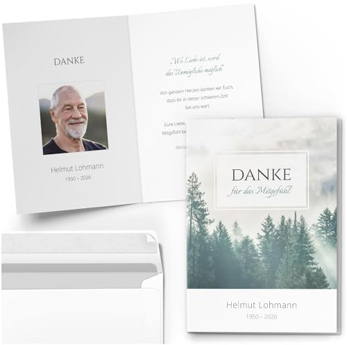 10 PERSONALISIERTE Trauer Danksagungen Dankeskarten mit eigenem Text und Foto | Individuell anpassbare Trauerkarten mit Briefumschlägen | Danke für das Mitgefühl Wald Berge Baum Bäume
