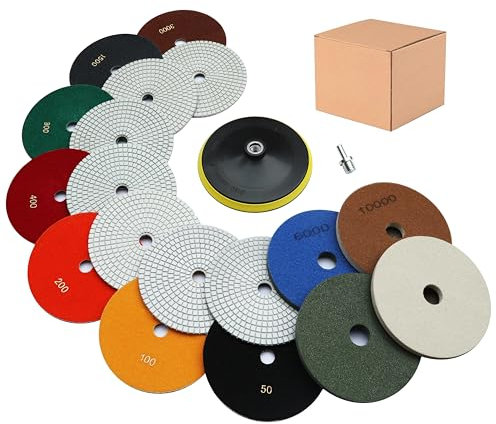 Nass/Trocken Diamant Schleifpad-Set 180mm, 9 Stück Gemischt Körnung 50-10000, Mit Klettverschluss für Granit, Beton, Marmor, Fliesen, für Winkelschleifer und Akkuschrauber