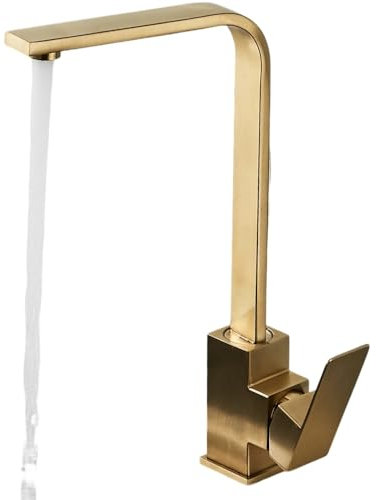 Küchenarmatur Eckig Küchenarmatur Einhebel H/C 360 Drehung Mischbatterie Waschbecken Wasser Kran Wasserhahn für Küche Bad Wasserhahn Gebürstetes Gold