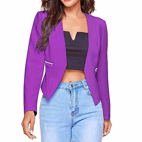 Blazer, blazer da donna a vita corta, da donna, colore nero, a maniche lunghe, elegante, aperto, sportivo, per autunno e ufficio, giacca leggera, viola., L