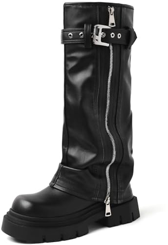 YIYA Damen Plateau-Stiefel, kniehoch, kniehoch, Gürtelschnalle, quadratischer Zehenbereich, breiter Absatz, Reißverschluss, hohe Motorradstiefel, lange Kampfstiefel