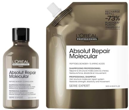 L'Oréal Professionnel Shampoo-Set für strukturgeschädigtes Haar, Zur molekularen Tiefenreparatur, Serie Expert, Absolut Repair Molecular Shampoo 300ml & Shampoo Nachfüllbeutel, Refill 500ml