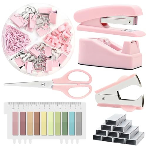 GOEDCH Set Cancelleria Ufficio: Set di Forniture per Ufficio, Rosa Desk Accessory Kit con Spillatrice, levapunti, Clip, Forbici e Linguette per le Donne, Regalo per Gli Studenti, Impiegati d'ufficio