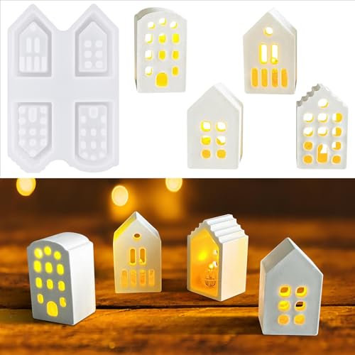 Moule en silicone Maison, 4 pcs Moules en silicone Moules Maisons Mini, Moule Maison,Raysin Noël, Moules en plâtre Pour Mouler Chandeliers (Style 2)