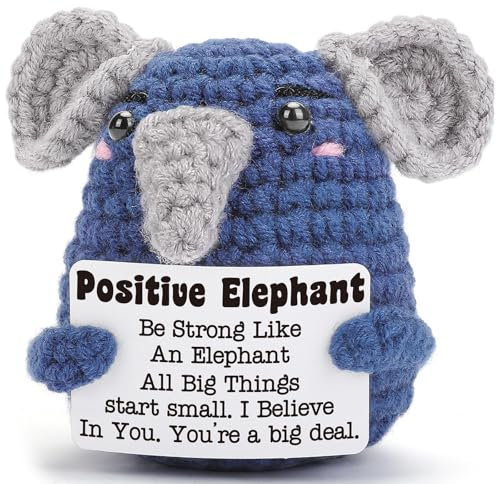Calkkrer Pocket Hug Positive Elefant Gehäkelte Kuscheltiere, Glücksbringer Mit Positiver Karte, Taschenumarmung für Gute Besserung, Mutmacher Geschenke für Entspannung