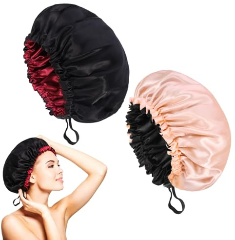 Halinuia 2 Stück Damen Seidenhaube zum Schlafen, Große Silk Bonnet | Satin Haarhaube, Rutschfest, Verstellbar, Weiche, Doppellagig, Atmungsaktive Schlafmütze für die Nacht