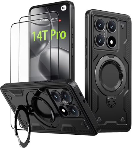 KANSi Cover per Xiaomi 14T Pro (Non per Xiaomi 14T) con Vetro Temperato*2, Custodia Protettiva per Smartphone con Anello Rotante - Antiurto Bumper Nero