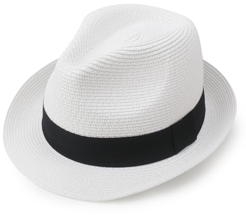 Women Straw Panama Hat Travel Fedora Beach Sun Hat Summer Wide Brim Straw Roll up Hat UPF 50+, White, One Size