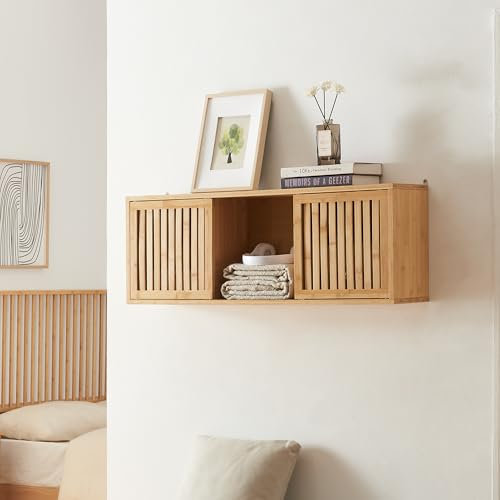 [en.casa] Étagère Murale avec 2 Portes Coulissantes et 3 Compartiments de Rangement Meuble de Stockage Design Intemporel pour Salon Chambre Bureau Bambou 93 x 20 x 33 cm Naturel