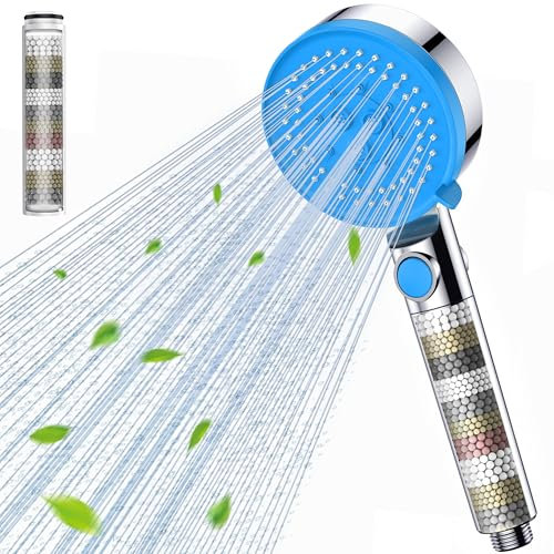 Gritin Pommeau de Douche 5 Modes avec Bouton D'arrêt D'eau, Douchette à Main Haute Pression Économe en Eau et Anticalcaire avec Filtre, Pommeau de Douche G1/2 Pouces pour Salle de Bain,Bleu foncé