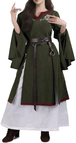 HiiFeuer 4-teiliges Renaissance Kostüm für Damen,Mittelalterkleid mit Stickerei,Wickelrock & Gürtel,Hexenkostüm für LARP & Cosplay