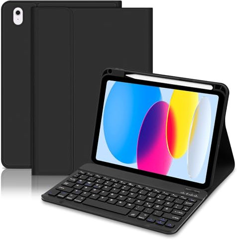 Hofsos Hülle mit Tastatur für Ipad A16 11 Generation 2025/10 Generation 2022 (10,9/11 Zoll) - QWERTZ Layout Keyboard, Magnetische Abnehmbare Schutzhülle mit Pencil Halter für iPad 11./10. Gen, Schwarz