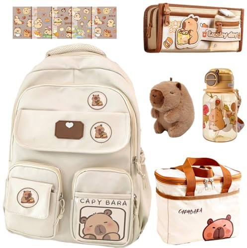 Capybara Backpack For School, Cute Kawaii Preppy Aesthetic Animlal Backpack With Water Bottle Pencil Case Lunch Box Pin And Plush Accessories