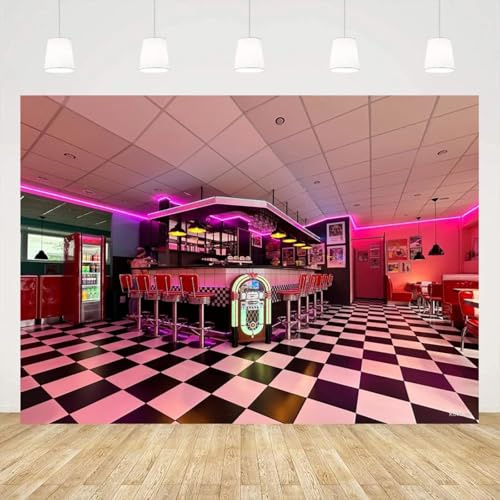 PhotographyBackdrop 1950er Jahre American Diner Fast Food Soda Shop Restaurant EIS Barhocker Hintergrund Home Party Decor Banner 300x200CM