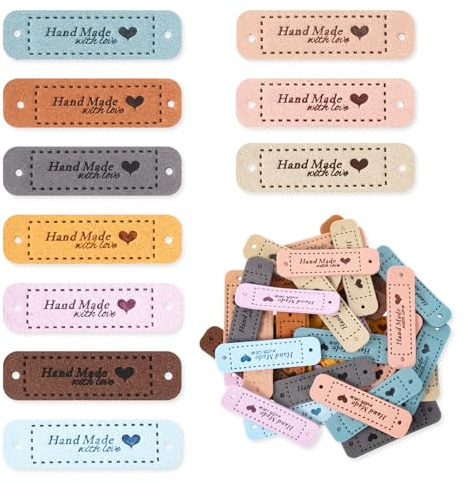 50 Stück Handmade Label zum Annähen, Handgefertigte Lederetiketten, Handgefertigte Leder Etiketten Mit Liebes Herz Lederetiketten Labels Zum Annähen für Hüte Kleidung Stricken Basteln(10 Farben)
