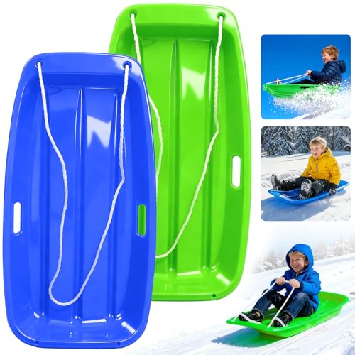 Schlitten, 89 cm Bob Schlitten für Kinder und Erwachsene, Schlitten für 1–2 Personen mit 2 Griffen, Perfektes Schneespielzeug für Kinder, Outdoor-Wintersport, Kinder (Blau+Grün)