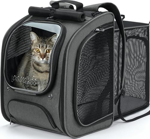 Pecute Katzenrucksack,Rucksäcke für Hunde,Ergonomie,Grau | Erweiterbar,Sonnenschutz,Sichtfenster,Sicherheitsleine,Robust,Große Netzflächen Für Luftzirkulation,Geeignet Für Outdoor