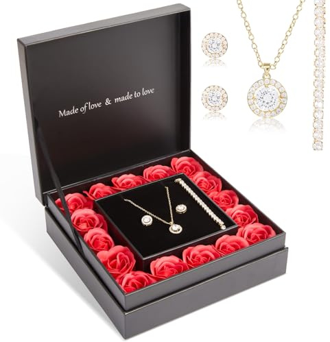 DN DECONATION 4-teiliges Schmuckset mit Ewiger Rose, Halskette Ohrringe | Armband in Geschenkbox als Valentinstag- Jahrestags- Geburtstagsgeschenk für Sie, Einzigartiges Romantisches Schmuck Geschenk
