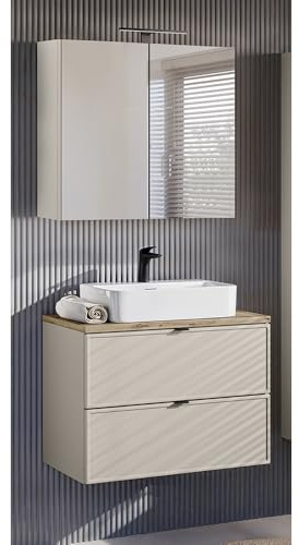 Lomadox Badezimmer Badmöbel Set 2-teilig in Kaschmir & Eiche, mit Waschtisch 80 cm & Spiegelschrank mit Beleuchtung, Softclose, wandhängend