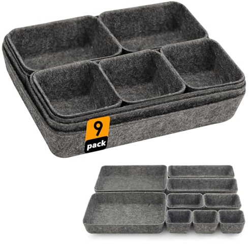 Hostobel 9 PCS Desk Drawer Organisers Set, Felt Storage Trays & Office Drawer Organiser Inserts for Desk, Makeup, Jewellery, Wardrobe - Dark Grey