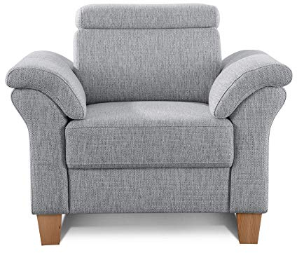 Cavadore Sessel Ammerland inkl. Federkern und Kopfteilverstellung / Großer Polstersessel im Landhausstil / Passend zur Sofagarnitur Ammerland / 101 x 84 x 93 / Strukturstoff hellgrau