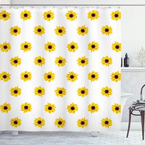 ABAKUHAUS Gelb Weiss Duschvorhang, Sunflower Muster Natur, Stoffliches Gewebe Badezimmerdekorationsset mit Haken, 175 x 180 cm, Gelb Weiss