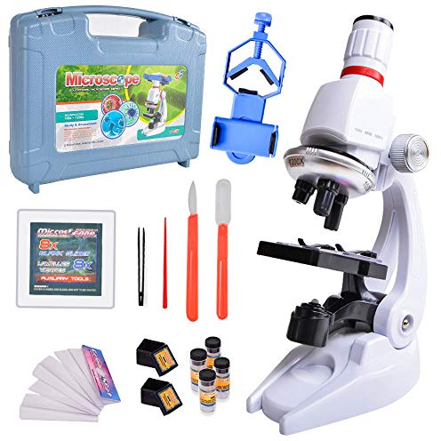 ALEENFOON Kinder Mikroskop,100x 400x 1200x Vergrößerung Wissenschaft Kinder Mikroskop Kit mit LED Beleuchtung mit Zubehör Telefonhalter Kunststoff-Box Set für Schüler und Kinder