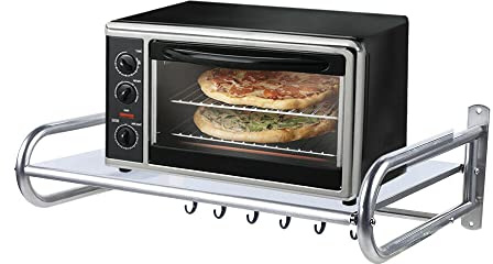 Microwave Shelf, Stainless Steel Kitchen Rack with 6 Hooks, Multifunctional Microwave Holder, Wall Shelf Holder, 53 x 38 x 18 cm