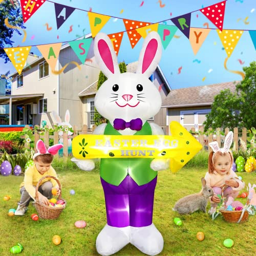 EBANKU Aufblasbarer Oster Hase, 2.4M/7.87FT Osterhase Dekorationen mit Wegweiser, Aufblasbar Dekorationen für Zuhause, Hof, Rasen, Drinnen und Draußen