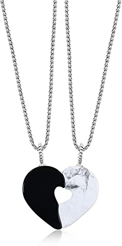 COAI Geschenkideen Yin Yang Puzzle Partner Ketten Herz in Herz Anhänger aus Howlith und Obsidian für Sie und Ihn