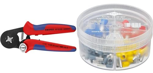 KNIPEX Selbsteinstellende Crimpzange für Aderendhülsen mit Seiteneinführung (180 mm) 97 53 04, Mehrfarbig & Sortimentsboxen mit isolierten Aderendhülsen 97 99 907, Grau, Gelb, Rot, Blau