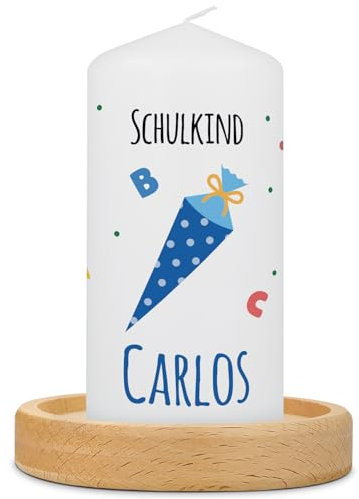 GRAVURZEILE Bedruckte Kleine Kerze - Einschulungskerze Schultüte - Personalisiert mit Name - brilliant bedruckte Kerze zur Einschulung - Geschenk für Mädchen & Jungen zum Schulanfang - Farbe: Blau