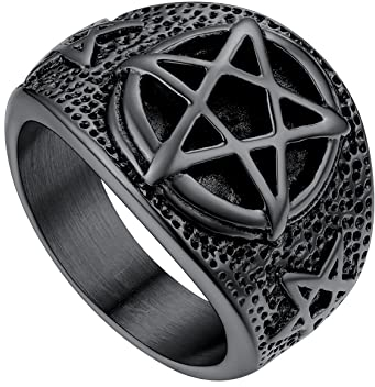 U7 Herren Schwarz Pentagramm Ringe Edelstahl Gotik Großer Ring Fingerring Statement Ring Hip Hop Punk Rock Satanic Männer Modeschmuck Accessoire(Ring Größe 64)