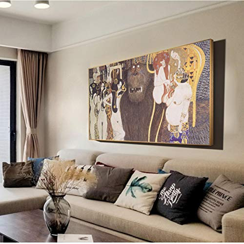 LINKGIN Home ein Stück Gustav Klimt Gemälde Reproduktionen an der Wand Beethoven Fries Wandkunst Leinwandbilder Bilder für Büro Dekor 70x140cm rahmenlos