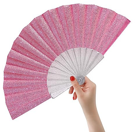 HeyToo Glitter Women Handheld Fan with Shining Transparent Fan Rib for Wedding,Church,Festival,Dance,Party Prom,Club,EDM Accessory Pink