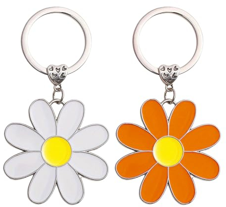 KRYMSON Lot de 2 porte-clés marguerite pour femme en alliage de zinc blanc orange floral classique en forme de cœur